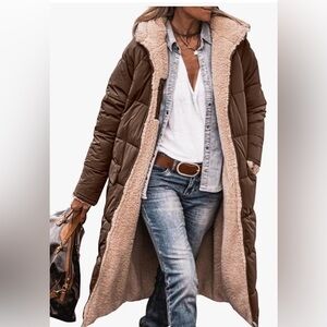Brown Knee-Length Winter Coat with Hood and Pockets  - Size XL